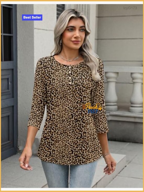 3/4 Sleeve Tunic Top, Crew Neck, Loose Fit, Polyester Spandex Blend - Picture 5 of 7